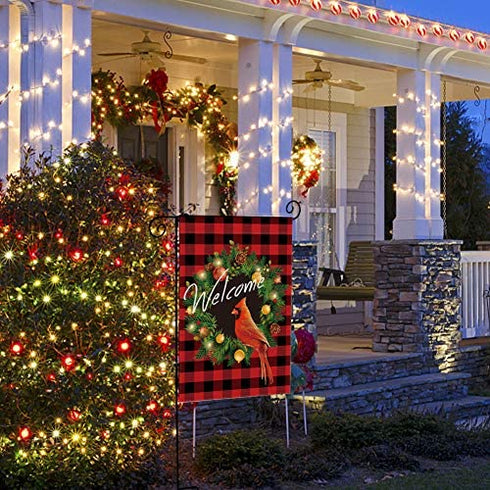 UPINLOOK Cardinal Christmas Garden Flag, Wreath Welcome Garden Flag Vertical Double Sided, Winter Valentine's Day Buffalo Check Plaid Rustic Farmhouse Yard Flag Outdoor Decoration 12.5 x 18 Inch