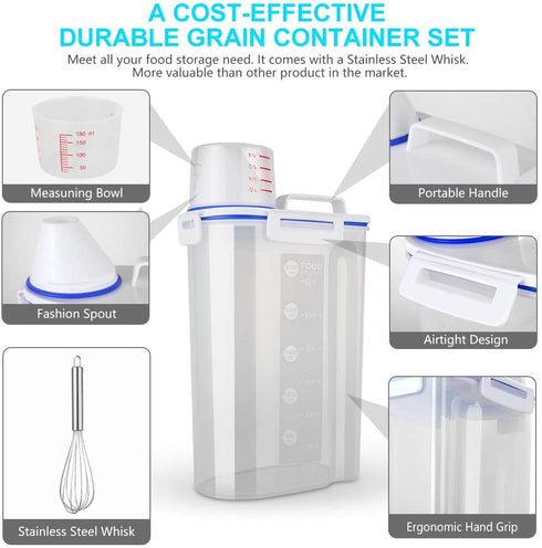 Uppetly Rice Airtight Dry Food Storage Containers, BPA Free Plastic Sealed Holder Bin Dispenser with Pouring Spout, Measuring Cup for Cereal, Flour and Oatmeal, Include a Stainless Steel Whisk
