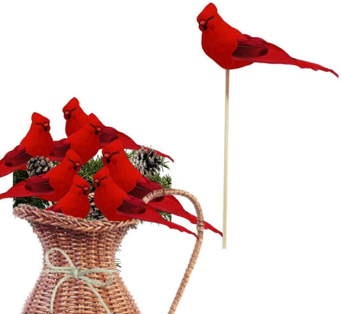 Cardinal Floral Picks - 5" Red Cardinals on 7" Wooden Sticks - Set of 12 Birds Attached to Stems - Red Birds Centerpieces - Christmas DIY - Ornament Holiday Décor.