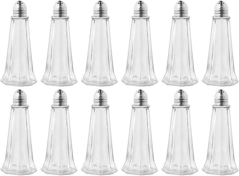 (Set of 12) 1 oz. Tower Salt and Pepper Shakers, Tall Glass Body Mini Salt and Pepper Shakers for Restaurant by Tezzorio