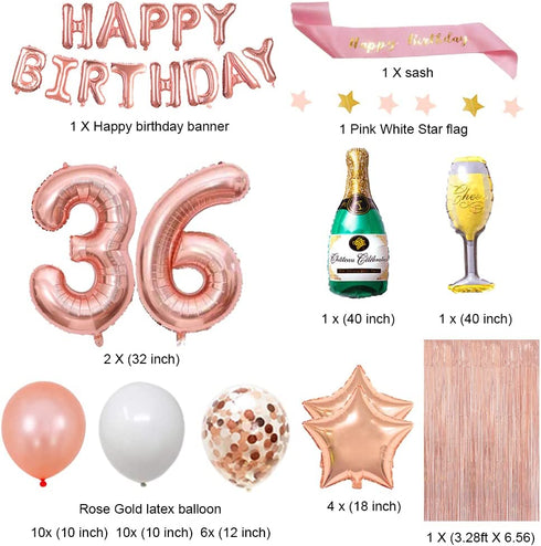 Fancypartyshop 36th Birthday Decorations - Rose Gold Happy Birthday Banner and Sash with Number 36 Balloons Latex Confetti Balloons Ideal for Girl and Women 36 Years Old Birthday Rose Gold