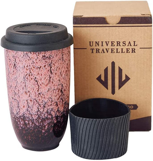 UNIVERSAL TRAVELLER Ceramic Coffee Travel Mug with Lid and Sleeve -16oz. Large, Eco-friendly Travel Coffee Mugs, Portable Tumbler, Reusable Travel Coffee Cup, Unique Ceramic Coffee Mug with Lid - Pink