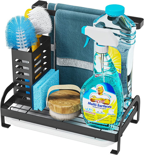 Sink Caddy, iSPECLE Kitchen Sponge Holder Dish Rags Holder with Drain Pan for Sink Organizers and Countertop Saving Space, Black