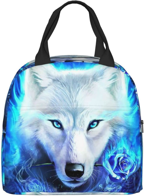 PrelerDIY Blue Fire Rose Wolf Lunch Box Insulated Meal Bag Lunch Bag Reusable Snack Bag Food Container For Boys Girls Men Women School Work Travel Picnic