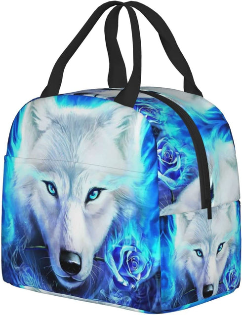 PrelerDIY Blue Fire Rose Wolf Lunch Box Insulated Meal Bag Lunch Bag Reusable Snack Bag Food Container For Boys Girls Men Women School Work Travel Picnic
