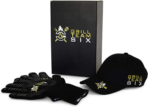 BBQ Gloves for Grilling by GRILL TEAM SIX - Extreme Heat Gloves Resistant 932°F - Perfect for Oven Gloves, BBQ Gloves for Smoker, Smoker, Cooking - Non-Slip Silicone Grip - Plus GT6 Hat