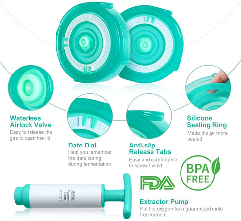 AIEVE Fermentation Lids, 6 Pack Mason Jar Fermenting Lids with Extractor Pump and Sauerkraut Pounder Fermenter Lids Fermentation Kit for Wide Mouth Mason Jars to Make Sauerkraut, Kimchi, Pickles