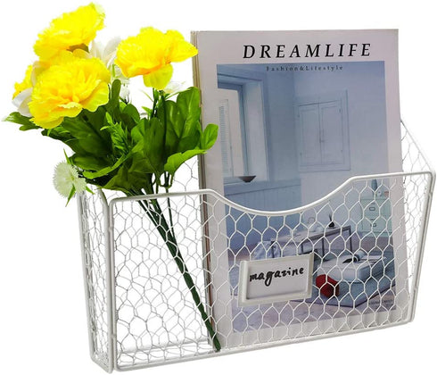 PAG 3 Pockets Hanging File Holder Wall Mount Mail Organizer Metal Chicken Wire Magazine Rack with Tag Slot, White