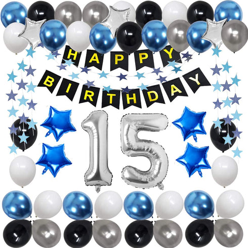 15th Birthday Decorations for Men Women Boy Girl,Blue Black Birthday Party Supplies with 15 Silver Number Balloon Happy Birthday Banner for 15th and 51st Birthday Party