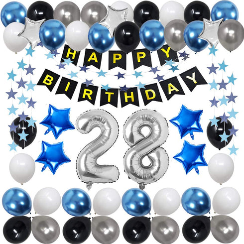 28th Birthday Decorations for Men Women Boy Girl,Blue Black Birthday Party Supplies with 28 Silver Number Balloon Happy Birthday Banner for 28th and 82nd Birthday Party