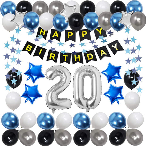 20th Birthday Decorations for Men Women Boy Girl,Blue Black Birthday Party Supplies with 20 Silver Number Balloon Happy Birthday Banner for 20th and 2nd Birthday Party