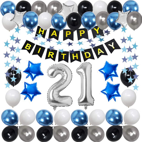 21st Birthday Decorations for Men Women Boy Girl,Blue Black Birthday Party Supplies with 21 Silver Number Balloon Happy Birthday Banner for 21st and 12nd Birthday Party