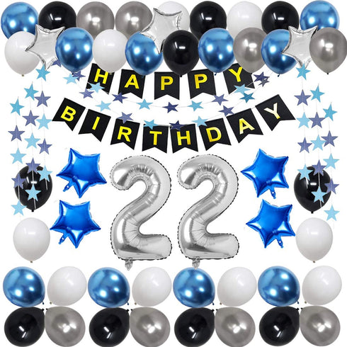 22nd Birthday Decorations for Men Women Boy Girl,Blue Black Birthday Party Supplies with 22 Silver Number Balloon Happy Birthday Banner for 22nd and 2nd Birthday Party
