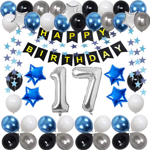 17th Birthday Decorations for Men Women Boy Girl,Blue Black Birthday Party Supplies with 17 Silver Number Balloon Happy Birthday Banner for 17th and 71st Birthday Party