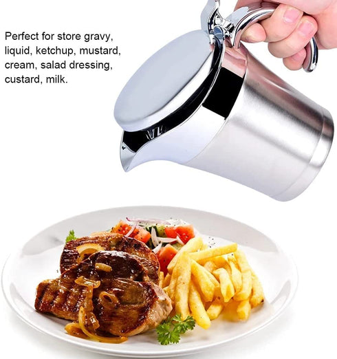 FOXDISK 304 Stainless Steel Double Insulated Gravy Boat 16 oz with Hinged Lid,Sauce Jug and Steak Sauce Pot Double Walled Insulated Thermal (16 oz/450ml)