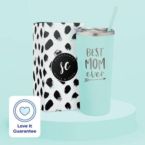 Best Mom Ever Gift - Stainless Steel Insulated Tumbler with Slide Close Lid and Straw- Engraved Travel Coffee Mug - Mom Gifts, Mom Birthday Gifts from Daughter, Son - Mother's Day Gifts for Mom, New Mom, Mint, 22oz