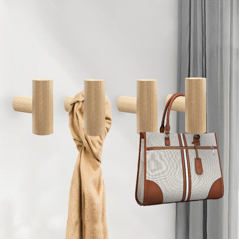 HUFEEOH Wood Wall Hooks, Purse Rack Wood Peg Hooks with Screw, Wall Hooks Heavy Duty Towel Hangers for Bathroom Wall (4PC, Beech Wood)