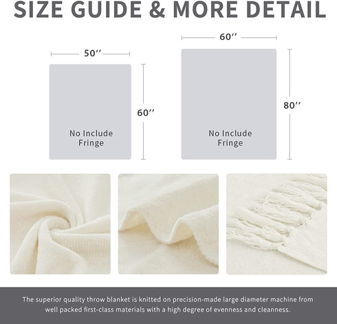 RECYCO Throw Blanket Soft Cozy Chenille Throw Blanket with Fringe Tassel for Couch Sofa Chair Bed Living Room Gift (Ivory White, 50'' x 60'')