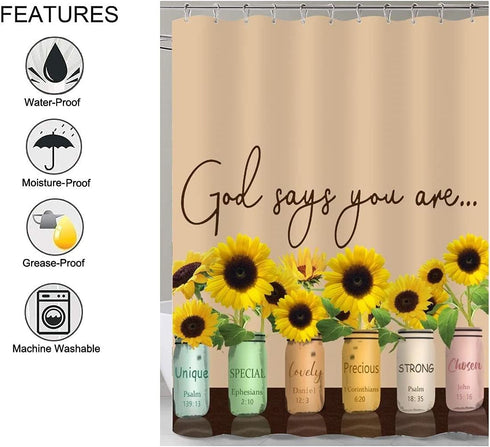 Sunflower Shower Curtain Set for Bathroom, Bathroom Curtain with Inspirational Bible Verse Design, Home Decor Polyester Fabric Waterproof Bath Room Curtains Set with 12 Hooks, Yellow and Brown