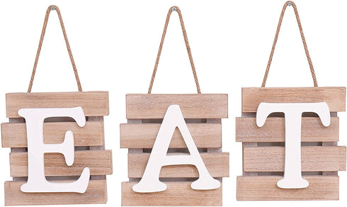 Eat Signs Wood Wall Art Wall Decor Plaque with Hanging Rope 3 Pieces Decorative Rustic Farmhouse Country for Kitchen Dining Living Home Decoration (White)