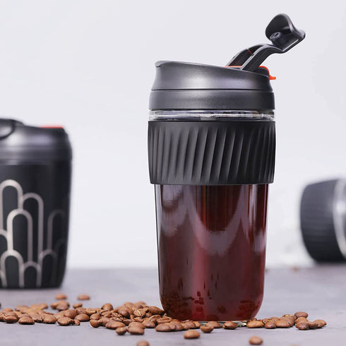 Leak Proof Glass Travel Coffee Mug with Lid and Straw, 18oz/540ml, 2 Ways Drinking Reusable Water Bottle with Silicone Sleeve, BPA Free, Microwave Safe, Durable (Coal Black)