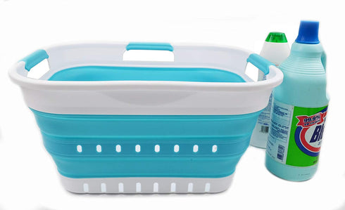 SAMMART 19L (5 Gallon) Collapsible Super Mini 3 Handled Plastic Laundry Basket - Foldable Pop Up Storage Container/Organizer - Space Saving Hamper/Basket (1, White/Bright Blue)