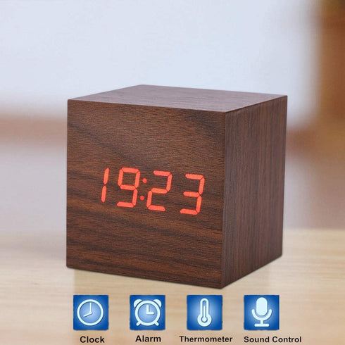 Digital Alarm Clock, Wooden Electronic LED Time Display Battery Operated Desk Small Clock with Indoor Temperature 3 Alarm Settings Adjustable Alarm Volume (Red)