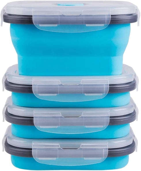 Collapsible Food Storage Containers with Airtight Lid and Vent Valve, Stacking Silicone Collapsible Storage Containers for Food, Microwave & Freezer & Dishwasher Safe, Blue, Small, Set of 4
