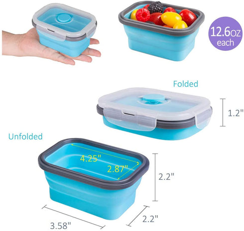 Collapsible Food Storage Containers with Airtight Lid and Vent Valve, Stacking Silicone Collapsible Storage Containers for Food, Microwave & Freezer & Dishwasher Safe, Blue, Small, Set of 4