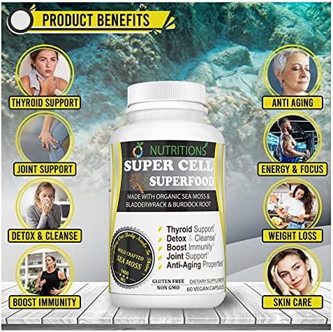 O NUTRITIONS Certified Organic Sea Moss, Super Cell Superfood Made with Organic Irish Sea Moss, Bladderwrack and Burdock Root, Wildcrafted Sea Moss Capsules, Vegan Seamoss Pill (Super Cell Superfood)