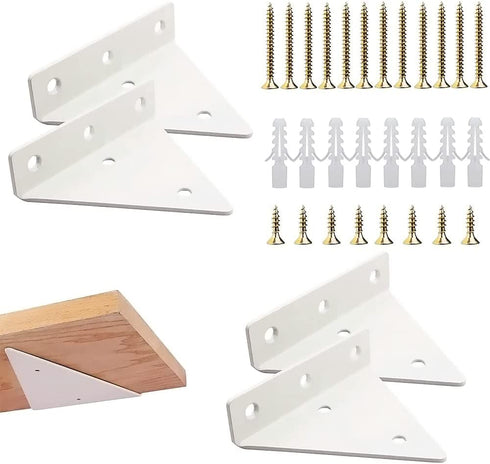 Halyuhn White Shelving Brackets 4 Pcs for Small Floating Wood Shelves, 4 x 3 inches Wall Triangle Shelf Brackets with 2 inches Anchor Screws, White Carbide Metal Brackets Set for Wood Shelf