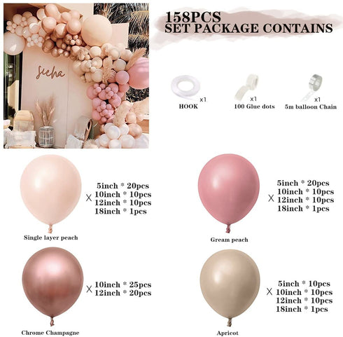 YSF 158Pcs Dusty Rose Pink Balloon Garland Kit Arch with Gream Peach, Peach, Apricot,and Chrome Champagne Balloons Neutral Decorations for Baby Bridal Shower, Birthday Party Ballon Wall
