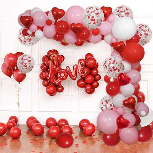Women's Day Party Balloons Arch and Garland, 110 PCS Valentines Color Red Pink White Balloons 18" 12" 5" Red Heart Mylar Balloons for Valentines Wedding Engagement Party Supplies