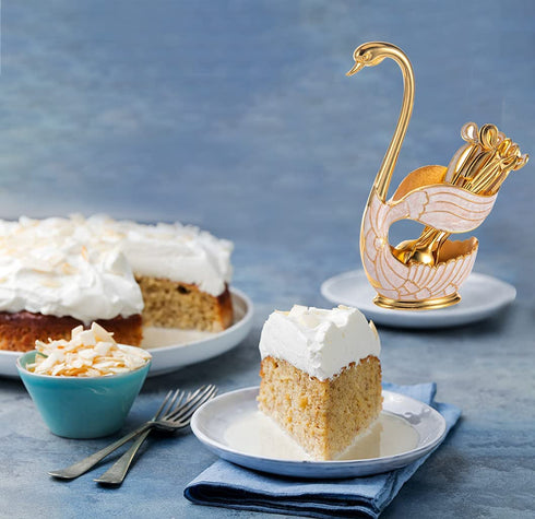 Feyarl Coffee Dessert Sugar Spoon Set Decorative Swan Base Holder with 6pcs Spoons for Stirring Mixing Dessert Ice Cream Coffee Teaspoon Cake Flatware (Gold)