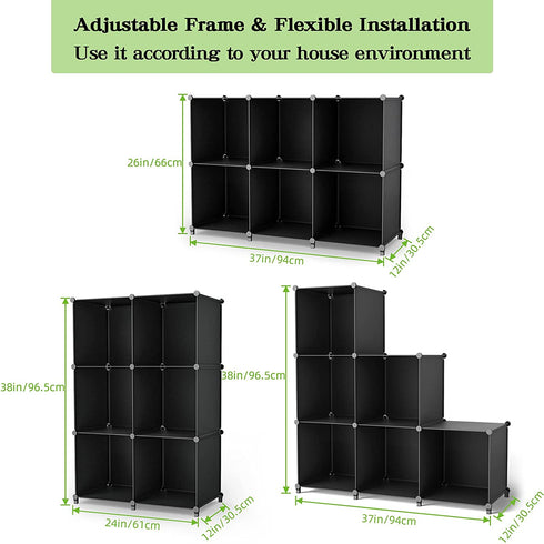 Homywish Cube Storage Organizer 6-Cube Closet Storage 11.8" Shelves with Wooden Hammer DIY Closet Cabinet Room Storage Bookshelf Plastic Square Organizer Shelving for Home, Office, Bedroom, Black