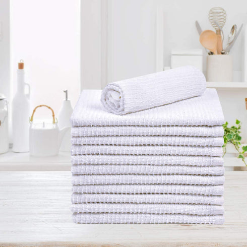 Talvania Bar Mop Towels 16?x19?, White Kitchen Bar Towel 12 Pack, 100% Cotton Ribbed Cleaning Cloths Rags, Super Absorbent Terry Multi-Purpose Bar Mops Shop Towels for Home Restaurant Commercial Use