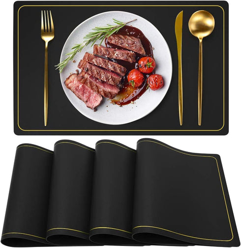 Black Faux Leather Placemats Set of 4, Waterproof Wipeable Washable Indoor Placemats for Dining Table Home Kitchen Dinner, Elegant Rectangle Placemats, Easy Clean Table Mats Set of 4 by WEHVKEI