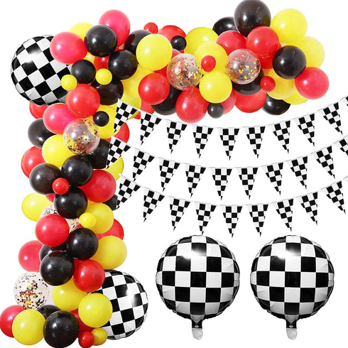 Racing Car Balloon Garland Kit, 126 Pcs Yellow Black Confetti Balloon Arch with 100ft Checkered Flags Banner Checkered Foil Balloons for Let's Go Racing Racing Car Party Decoration