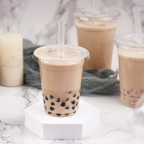 Zezzxu 50Pack 12oz Clear Plastic Cups with Hole Flat Lids and Straws, Crystal Clear PET Disposable Party Cups for Cold Drinks, Iced Coffee, Juice, Smoothie, Milkshake, Bubble Boba Tea