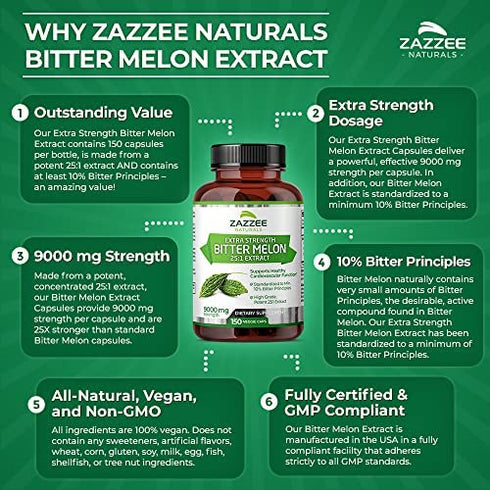 Zazzee Extra Strength Bitter Melon 25:1 Extract, 9000 mg Strength, 150 Vegan Capsules, 10% Bitter Principles, 5 Month Supply, Non-GMO and All-Natural