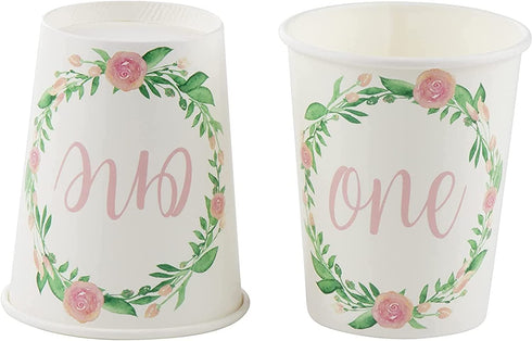 One Birthday Party Plates Girls First Year Floral Decorations Set with Napkins, Cups, Cutlery for 24 Guests (144 Pieces)