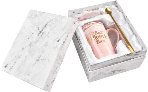 Best Mom Ever Mug Best Mom Gifts from Daughter Son Gifts for Mom Coffee Mug Mother's Day Birthday Gifts 14 Oz with Gift Box and Spoon Coaster Pink Marble Mom Mug