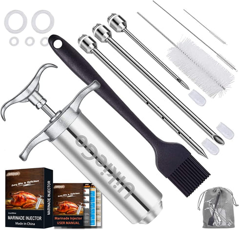 UikieGo 2oz Heavy duty 304 Stainless Steel Meat Marinade Injector Include User Manual (Paper Book) and BBQ Guide E-Book (PDF) for Smoker BBQ Grill Roast (Stoage Bag)