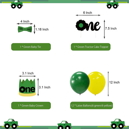 PRATYUS Farm Green Tractor First Birthday Party Decoration With Green Birthday Banner,Baby Crown Hat, Tie and Cake Topper for Baby Girl Boy Photo Booth Props