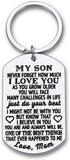 To My Son Christmas Keychain Gifts from Mom Dad Mother To Son Him Teens Stocking Stuffers Adult Men Teenage Boys Kids Birthday Graduation Sweet Sixteen Going To College Guys Males Wedding Gifts Present