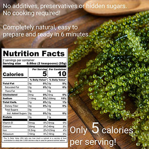 Umibudo Sea Grapes - Delicious Green Caviar Seaweed - Dehydrated Seagrapes in Brine, Net weight: 1.76oz/50g - makes 1/2 pound once soaked