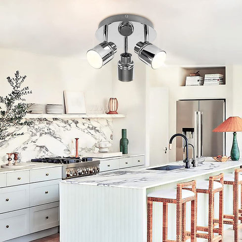 DLLT Modern 3-Light Multi-Directional Ceiling Fixture, Adjustable Round Track Lighting Kits, GU10 LED Bulb Flush Mount Ceiling Spot Light for Kitchen Hallway Bedroom, Warm White, Polished Chrome