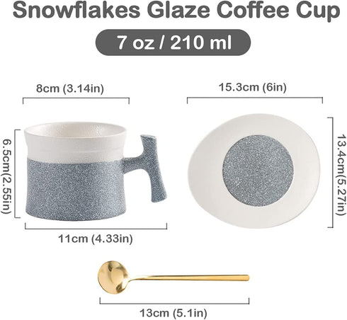 TILANY Tea Cup and Saucer Set - Snowflakes Glazed Coffee Cups with Saucer and Golden Spoon , Luxury 7 Ounce Ceramic Latte Mug Cappuccino Mugs - Drink Ware Gift For Women, Men (Grey)