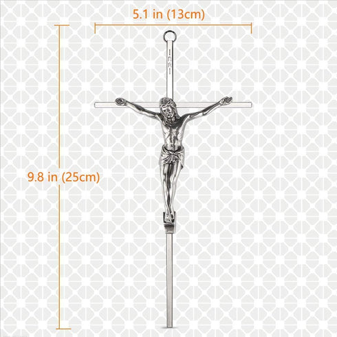 ACHIBANG Crucifix Wall Cross - Metal Slender Catholic Hanging Jesus Cross for the Wall - 10 Inch - Shiny Silver