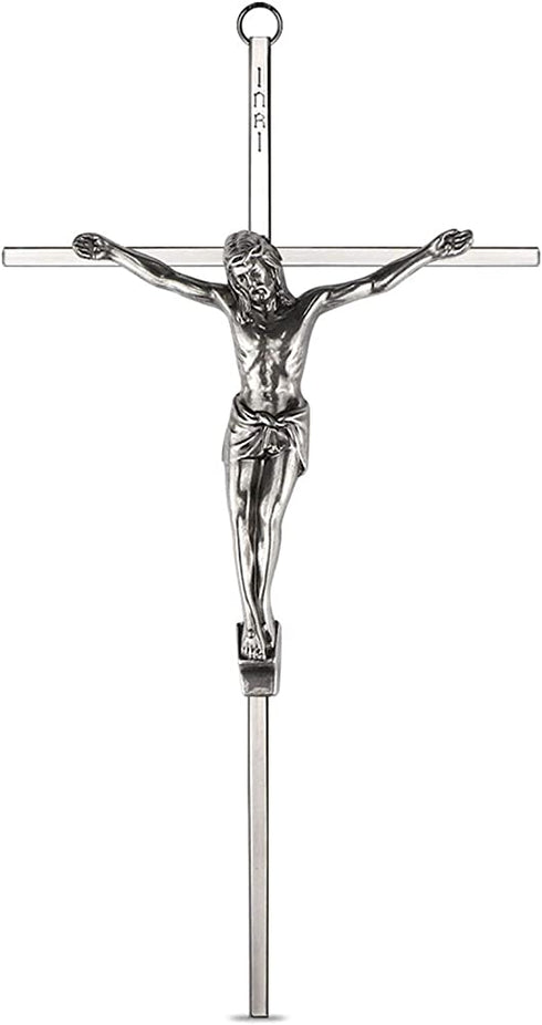 ACHIBANG Crucifix Wall Cross - Metal Slender Catholic Hanging Jesus Cross for the Wall - 10 Inch - Shiny Silver